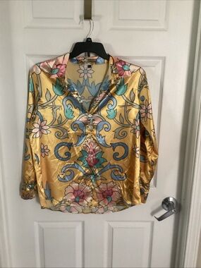 Floral Satin Button-Up Blouse - Gold
